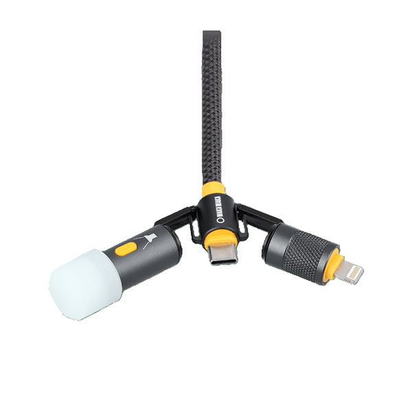 Câble multi-connecteurs WakaWaka Connect – Vue du connecteur de face USB-C et lampe LED.