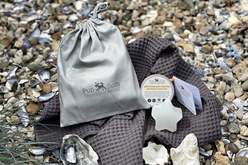 Savon de voyage et serviette de voyage pour chien de Pupsuds - mise en situation sur une plage de galet du savon et de la serviette