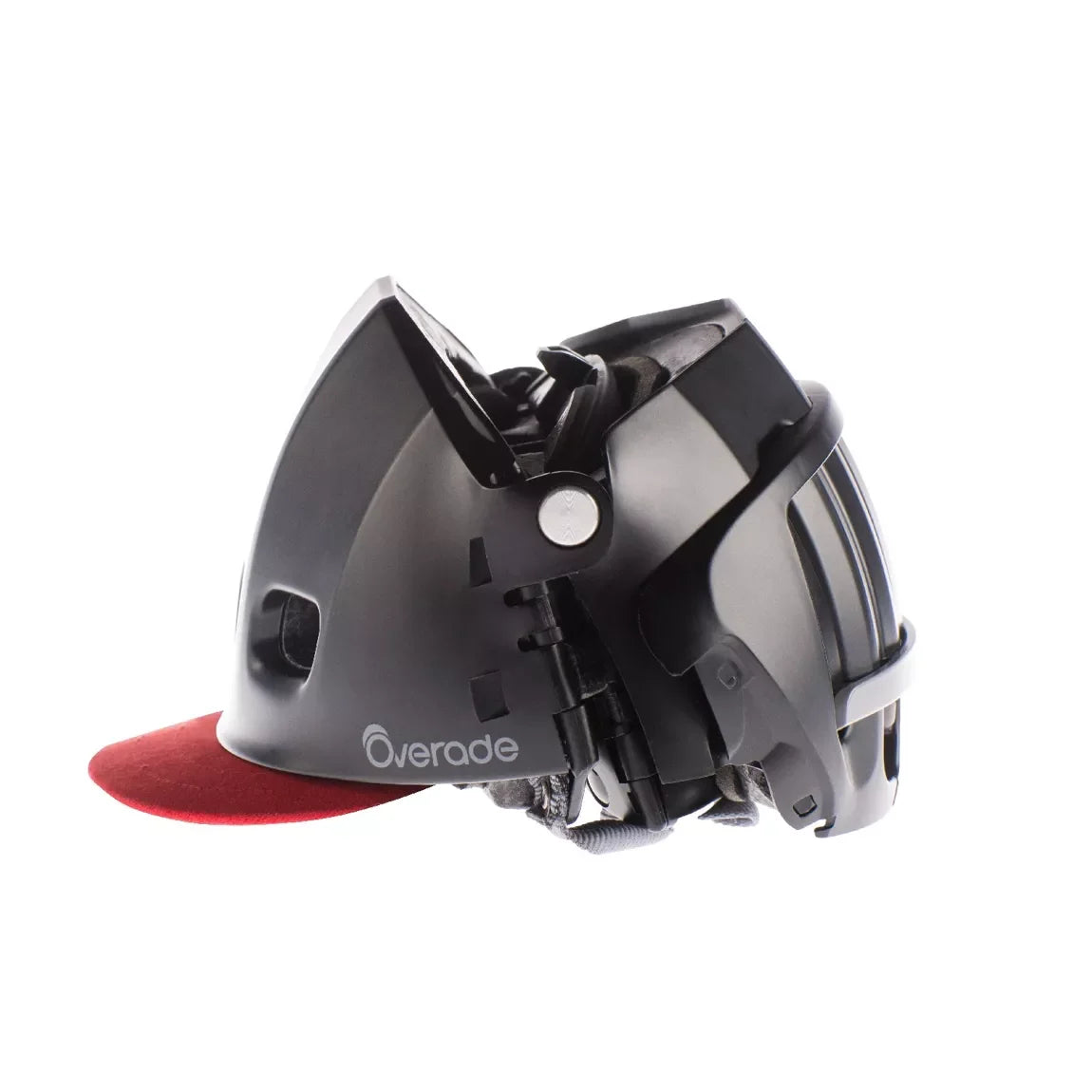 Visière rouge PLIXI FIT de Overade – vue sur casque noir qui est replié