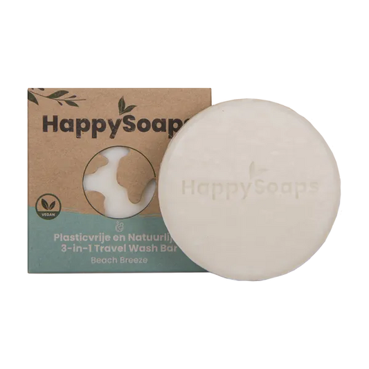 Savon de voyage 3 en 1 The Happy Soaps senteur beach breeze - vue du savon à coté de sa boite