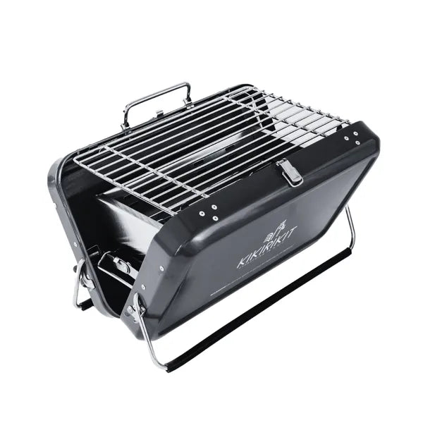 Barbecue à charbon pliable portatif de kikirikit noir - vue latérale - BBQ ouvert