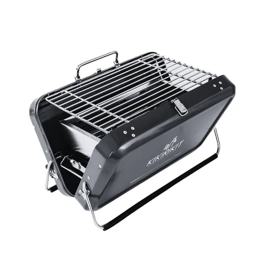 Barbecue à charbon pliable portatif de kikirikit noir - vue latérale - BBQ ouvert