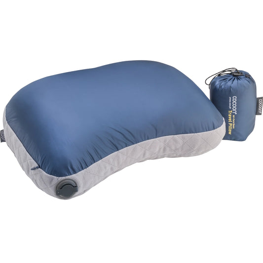 Oreiller de voyage gonflable en duvet hydrophobe - bleu - vue de face et de sa housse de rangement