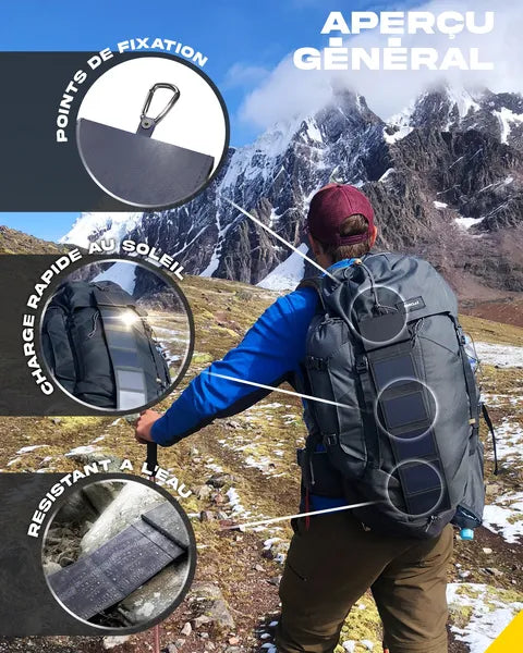 Chargeur solaire Photon de Sunslice - vue sur un sac à dos en montagne avec les inscriptions points de fixation, charge rapide au soleil et résistant à l'eau