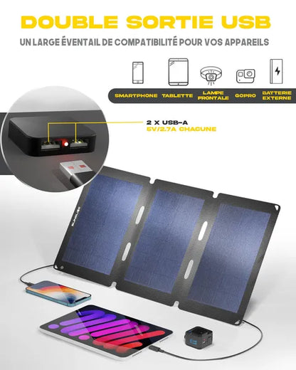 Panneaux solaires ultralégers et compacts de Sunslice - vue du 18W avec en dessin ce qu'on peut y charger : smartphone, tablette lampe frontale, Gopro et batterie externe