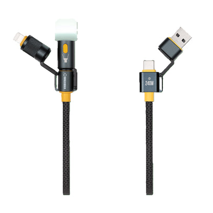 Câble multi-connecteurs Waka Waka Connect Pro – Vue d’ensemble du connecteur, avec les différents embouts détachés, USB-C, USB-A et lampe LED.