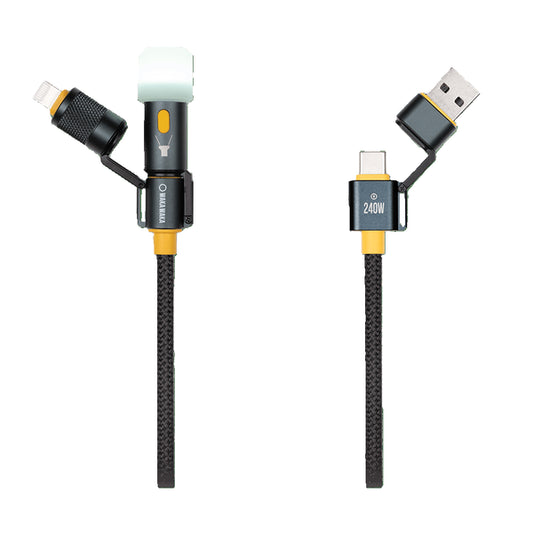 Câble multi-connecteurs Waka Waka Connect Pro – Vue d’ensemble du connecteur, avec les différents embouts détachés, USB-C, USB-A et lampe LED.