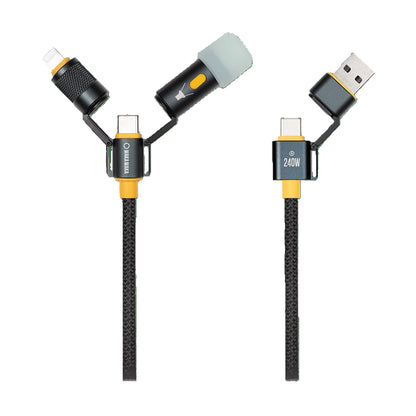 Câble multi-connecteurs WakaWaka Connect Pro – Vue des deux connecteurs avec USB-C, USB-A et lampe LED. Indication 240W