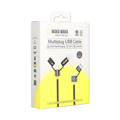 Câble multi-connecteurs Waka Waka Connect – Vue dans sa boite de l'ensemble du connecteur avec image des différents embouts détachés USB-C, USB-A et lampe LED.