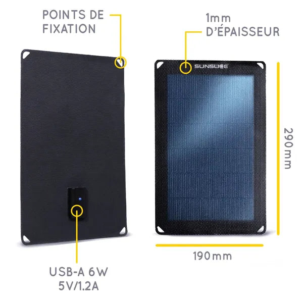 Panneaux solaires ultralégers et compacts de Sunslice - vue du panneau 6W avec indication : en recto : 1 mm d'épaisseur 290 mm sur 190 mm et en verso : point de fixation et USB - A 6W 5V/1.2A