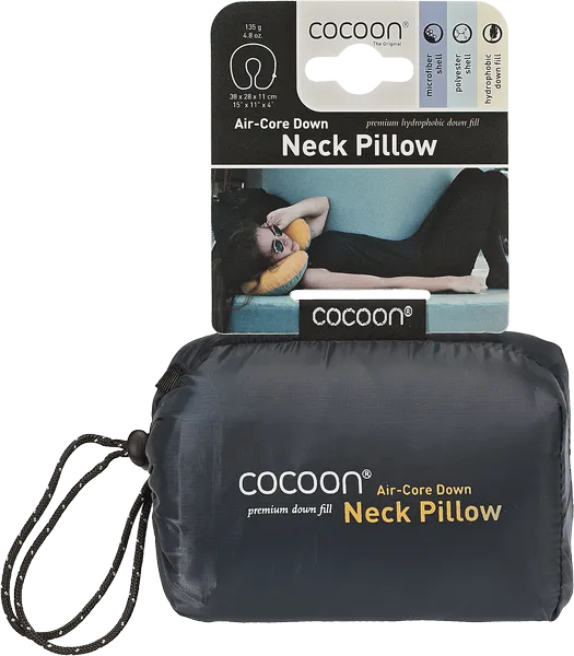 U-Shaped Neck Down Pillow de Cocoon - Coloris jaune ou bleu - vue du tour de cou de voyage dans sa pochette