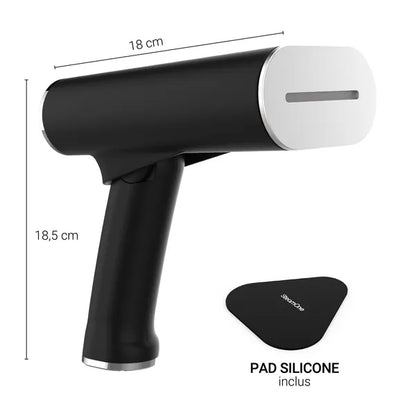 Défroisseur pliable Steamone - noir - vue de profil avec dimensions 18 cm sur 18n5 cm et vue du pad silicone inclus