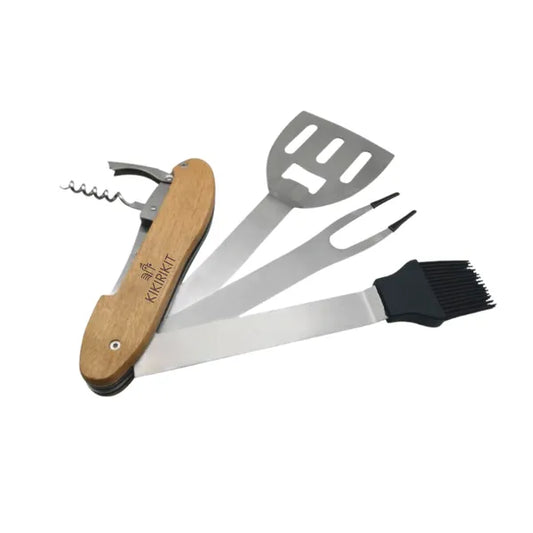 Kit d'ustensiles de BBQ en vue ouverte avec
1 spatule
1 pinceau de cuisine
1 fourchette
1 tire-bouchon
1 décapsuleur