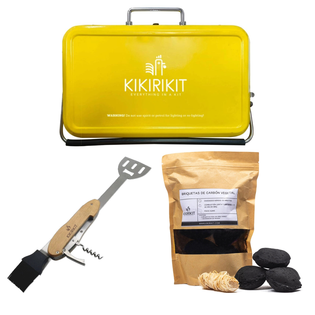 Kit Kikirikit - vue avec le barbecue jaune fermé, le kit de briquettes et l'outils 5 en 1