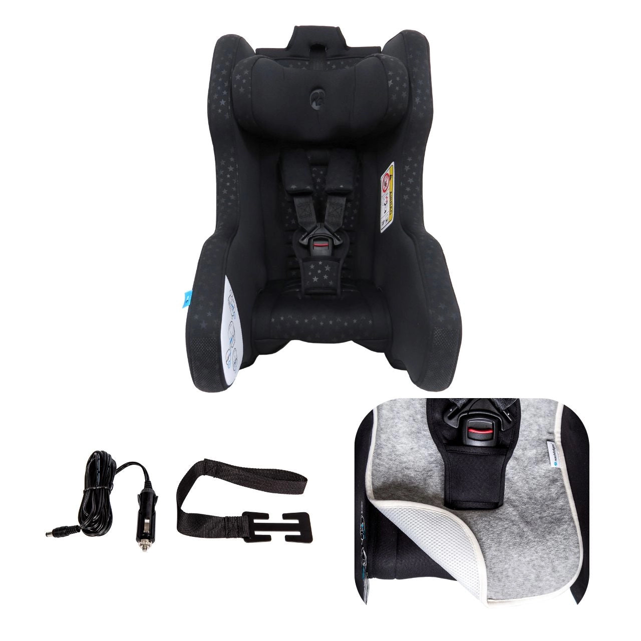 Vue d’ensemble du siège auto gonflable HyFive OneTT CITY de Nachfolger, du kit de voyage HyFive TravelKit (adaptateur 12V et clip de ceinture) et de l’insert de confort HyFive été/hiver, présenté en gros plan à moitié retourné dans le siège auto.