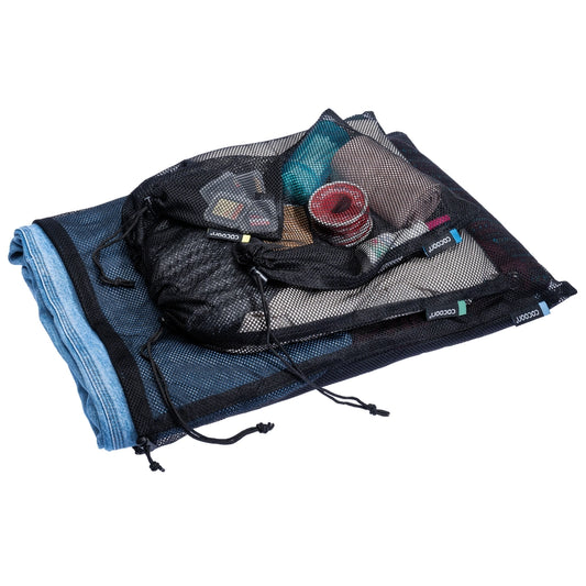 Set de 4 sacs de rangement en maille – mise en situation : superposition des sacs 