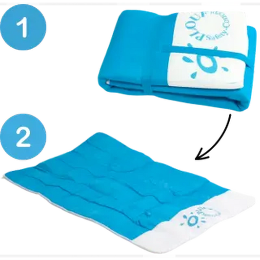 Matelas Plouf bleu en version plié et déplié