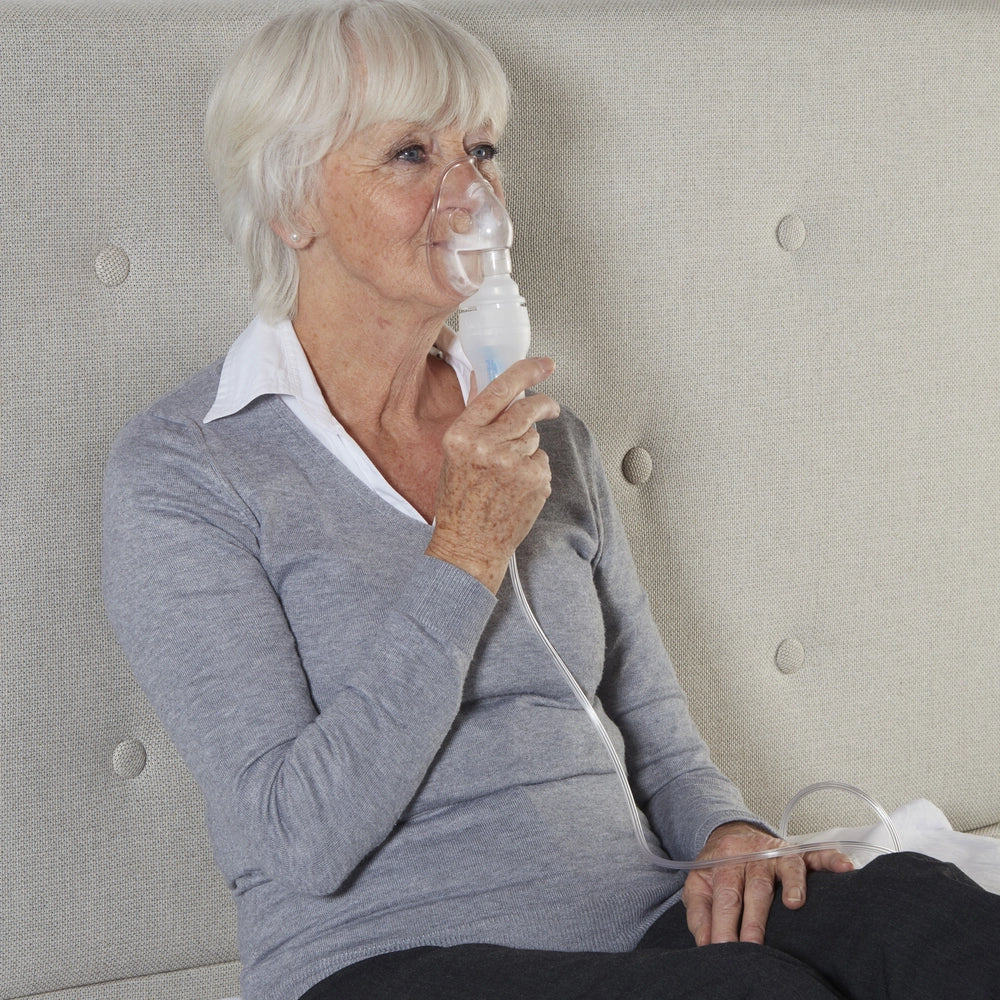 Aérosol compact en utilisation par une dame tenant d'une main l'aérosol et de l'autre plaçant le masque sur la bouche et le nez