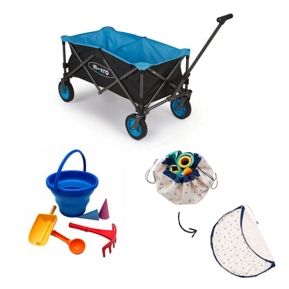 Vue d’ensemble du set de jouets de plage 7-en-1 Schildkröt version bleu, du tapis de jeu et sac de rangement d’extérieur Play and Go motifs ballons, et du chariot pliable de micro-mobilité ouverts
