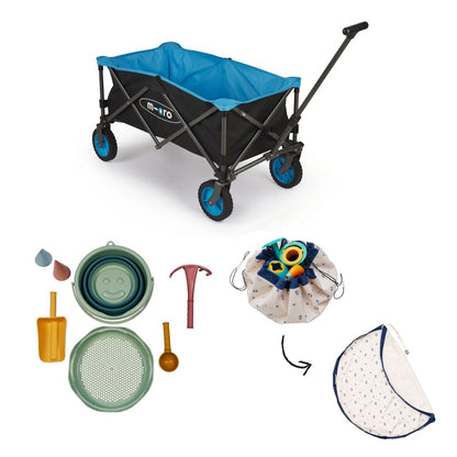 Vue d’ensemble du set de jouets de plage 7-en-1 Schildkröt version vert, du tapis de jeu et sac de rangement d’extérieur Play and Go motifs ballons, et du chariot pliable de micro-mobilité ouverts