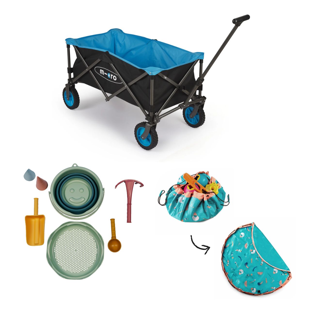 Vue d’ensemble du set de jouets de plage 7-en-1 Schildkröt version vert, du tapis de jeu et sac de rangement d’extérieur Play and Go motifs jeux, et du chariot pliable de micro-mobilité ouverts