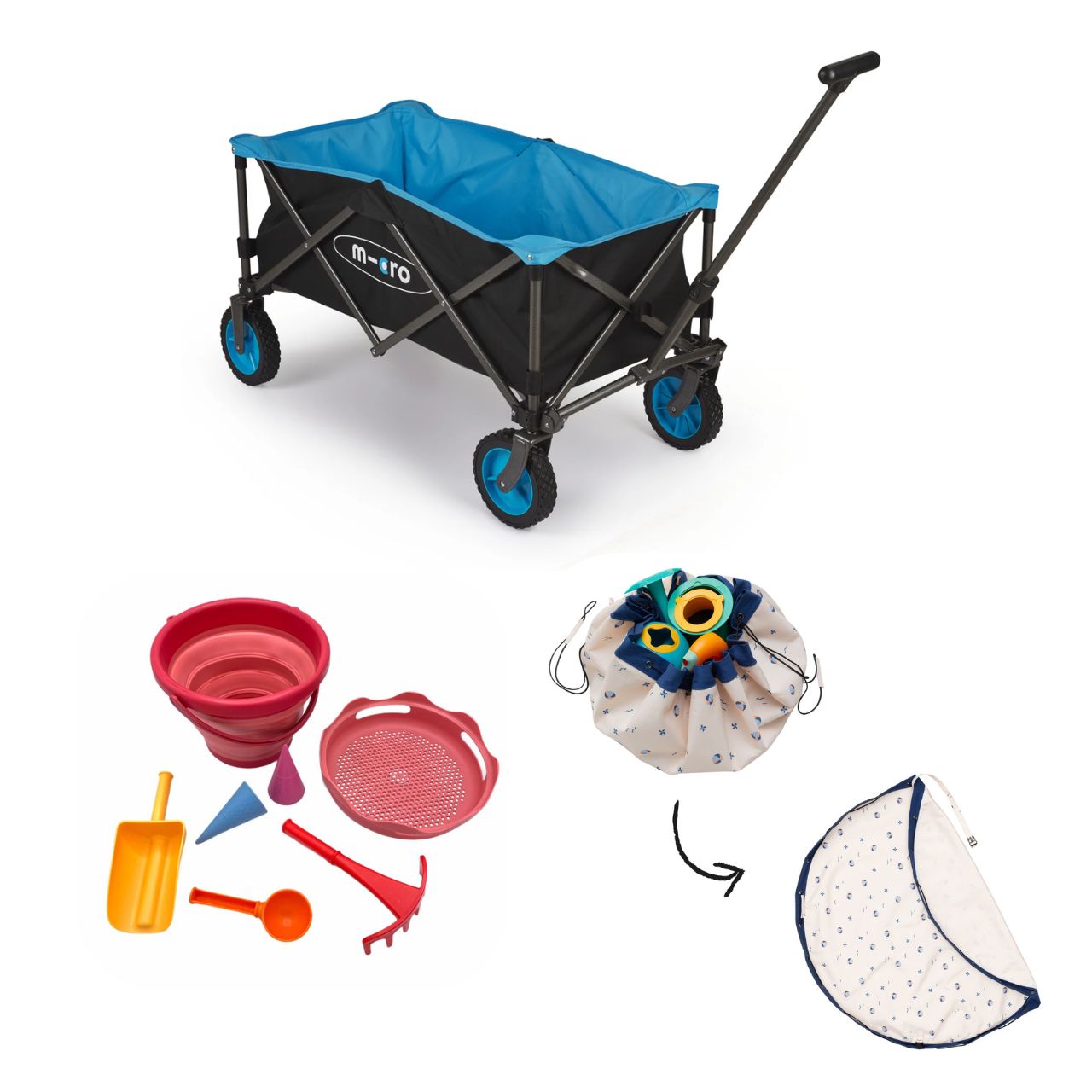 Vue d’ensemble du set de jouets de plage 7-en-1 Schildkröt version rose, du tapis de jeu et sac de rangement d’extérieur Play and Go motifs ballons, et du chariot pliable de micro-mobilité ouverts