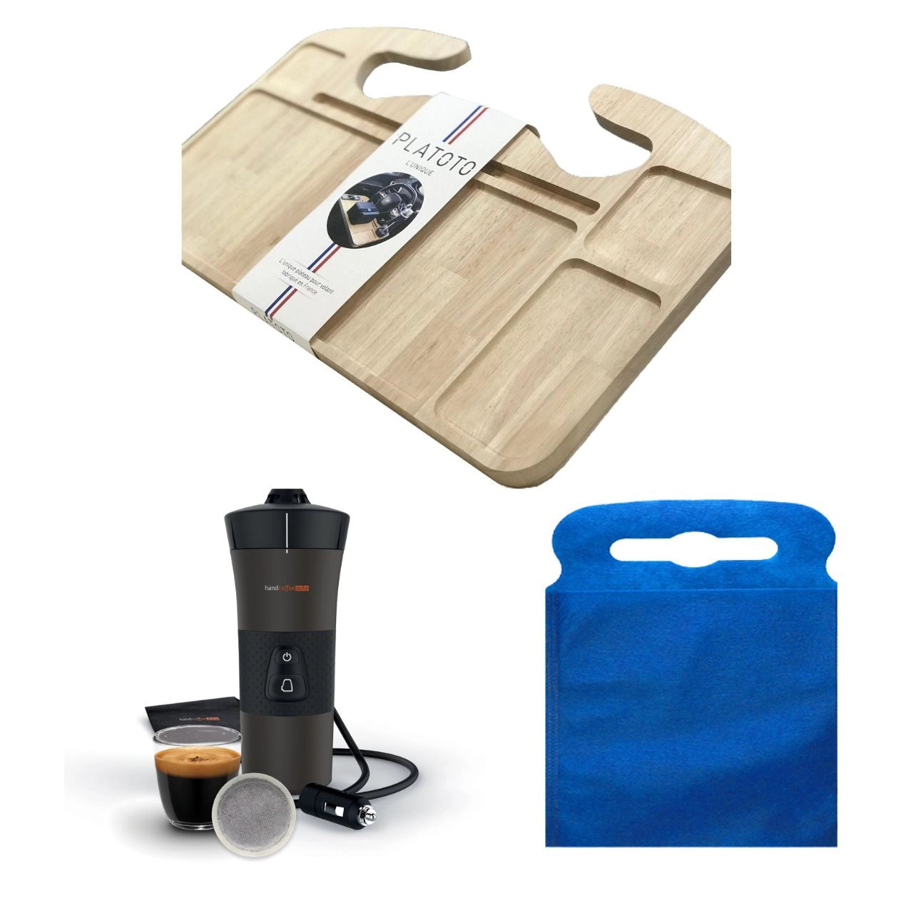Kit nomade business de luxe- présenté avec le plateau bois, la machine à café dans son entièreté et le sac poubelle de voiture bleu taille L.