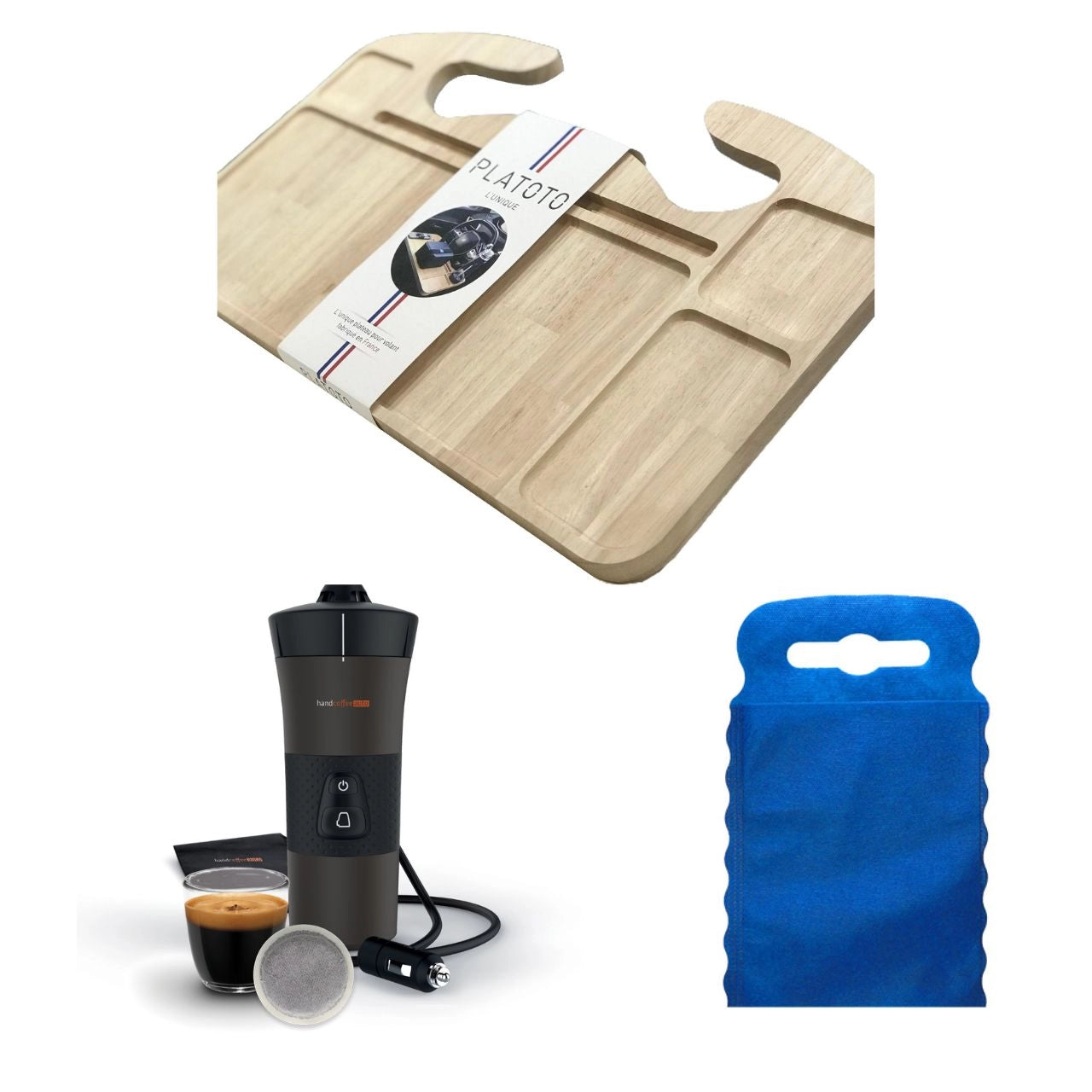 Kit nomade business de luxe- présenté avec le plateau bois, la machine à café dans son entièreté et le sac poubelle de voiture bleu taille S.