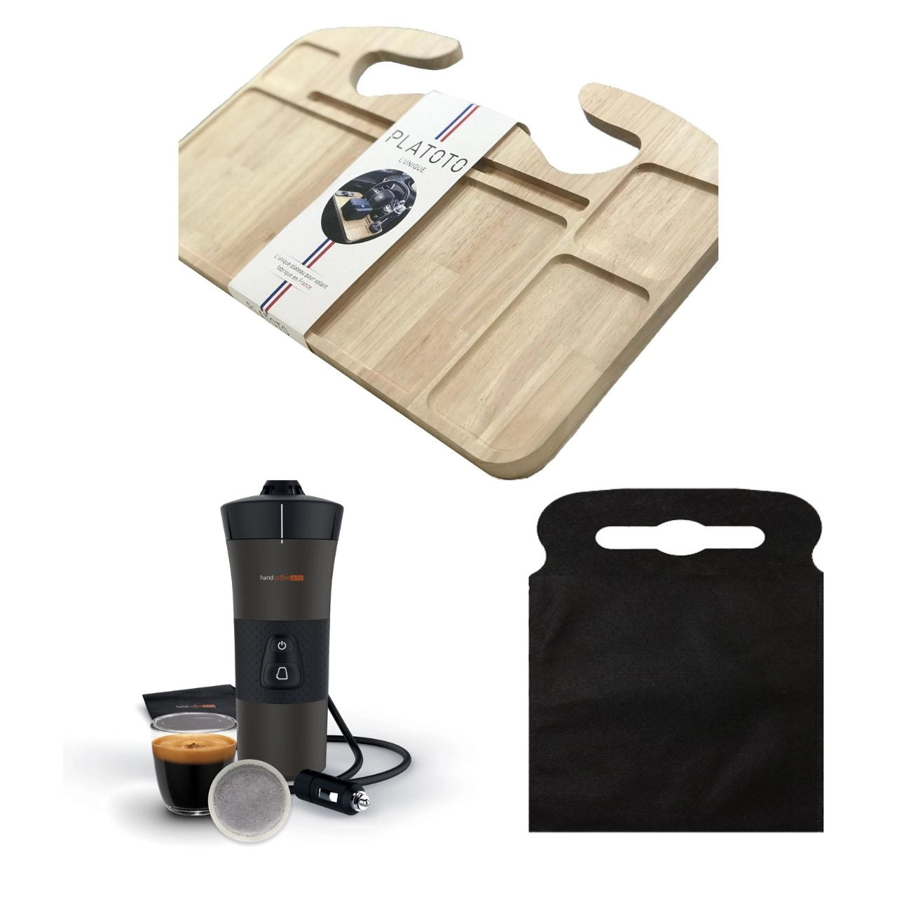 Kit nomade business de luxe- présenté avec le plateau bois, la machine à café dans son entièreté et le sac poubelle de voiture noir taille L.