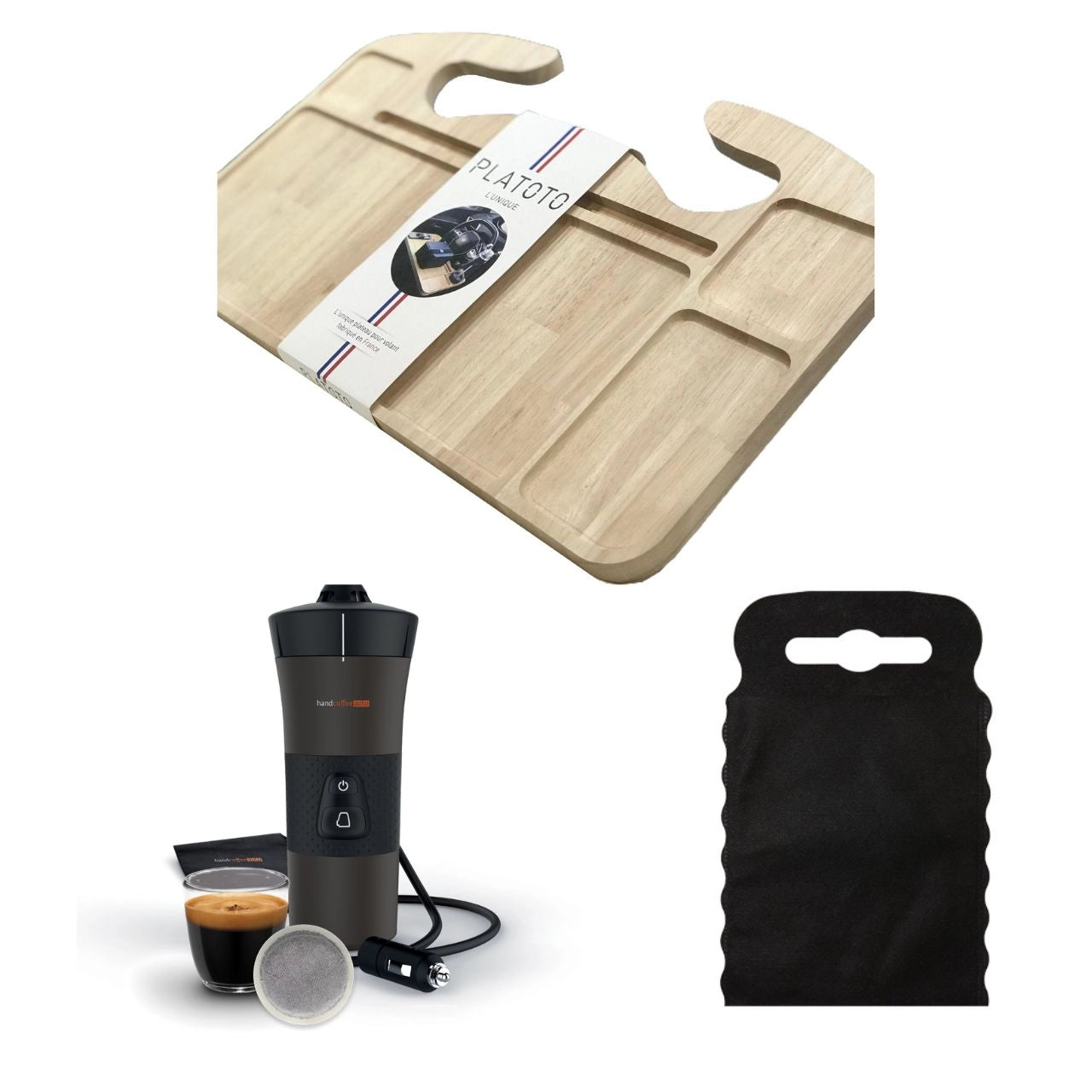 Kit nomade business de luxe- présenté avec le plateau bois, la machine à café dans son entièreté et le sac poubelle de voiture noir taille S.