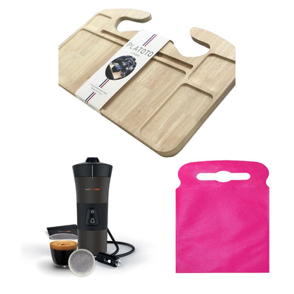 Kit nomade business de luxe- présenté avec le plateau bois, la machine à café dans son entièreté et le sac poubelle de voiture rose taille L.