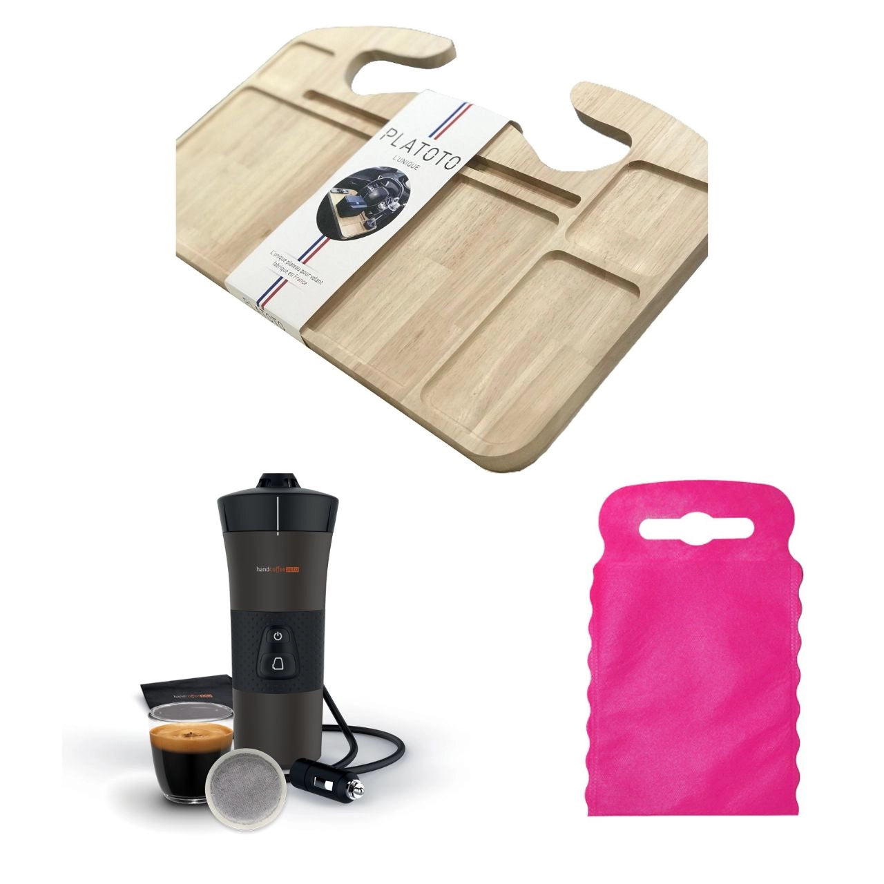 Kit nomade business de luxe- présenté avec le plateau bois, la machine à café dans son entièreté et le sac poubelle de voiture rose taille S.