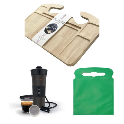 Kit nomade business de luxe- présenté avec le plateau bois, la machine à café dans son entièreté et le sac poubelle de voiture vert taille L.
