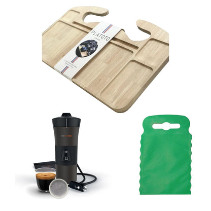 Kit nomade business de luxe- présenté avec le plateau bois, la machine à café dans son entièreté et le sac poubelle de voiture vert taille S.