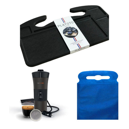 Kit nomade business de luxe- présenté avec le plateau bois noir, la machine à café dans son entièreté et le sac poubelle de voiture bleu taille L.