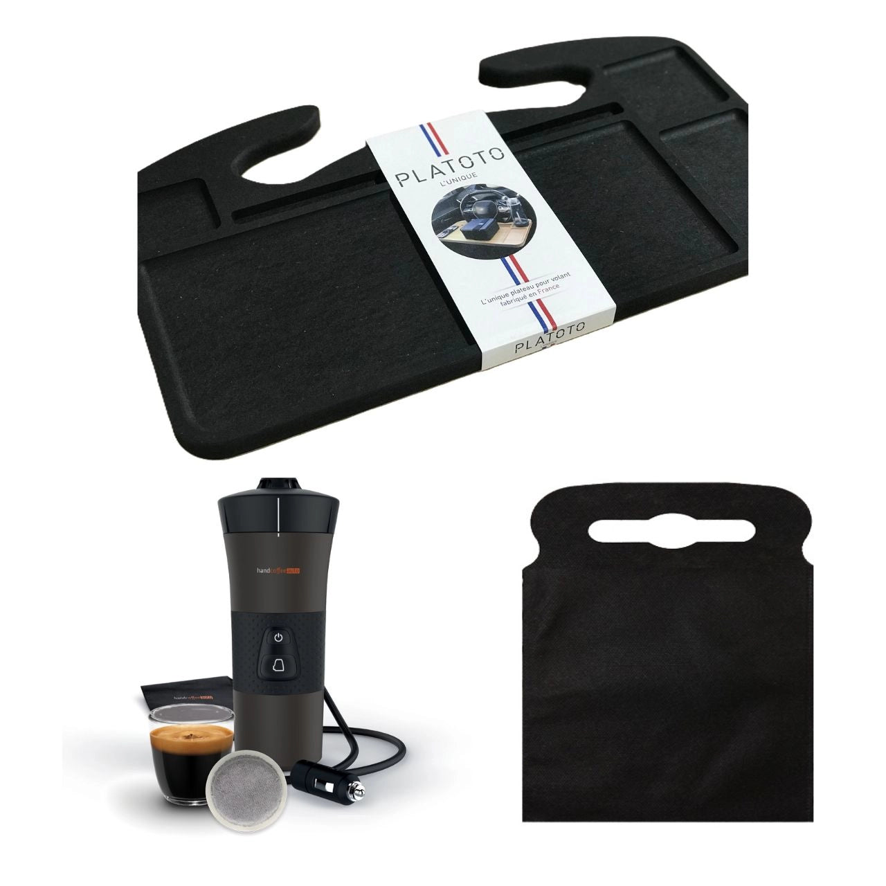 Kit nomade business de luxe- présenté avec le plateau bois noir, la machine à café dans son entièreté et le sac poubelle de voiture noir taille L.