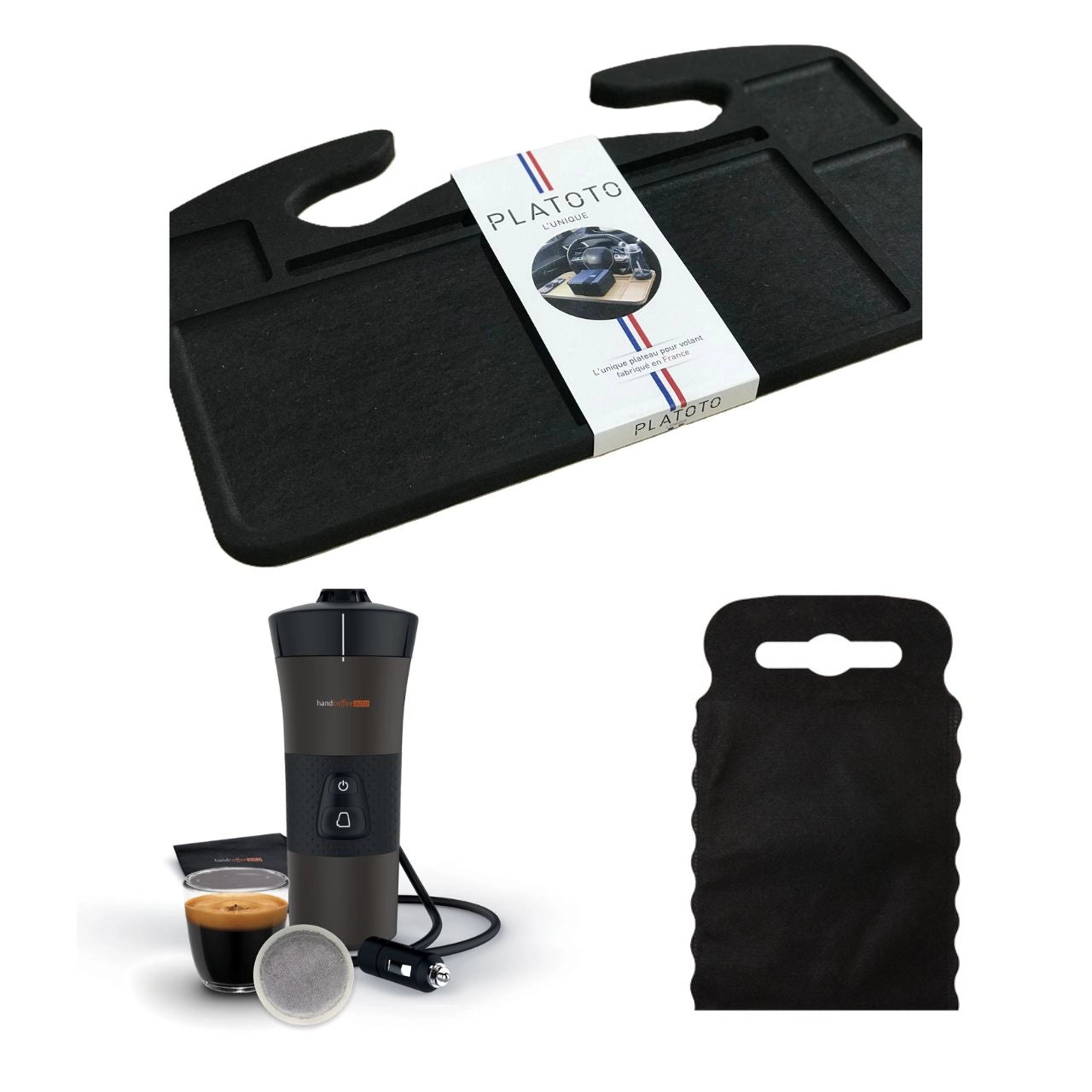 Kit nomade business de luxe- présenté avec le plateau bois noir, la machine à café dans son entièreté et le sac poubelle de voiture noir taille S.