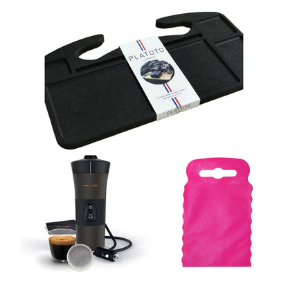 Kit nomade business de luxe- présenté avec le plateau bois noir, la machine à café dans son entièreté et le sac poubelle de voiture rose taille S.