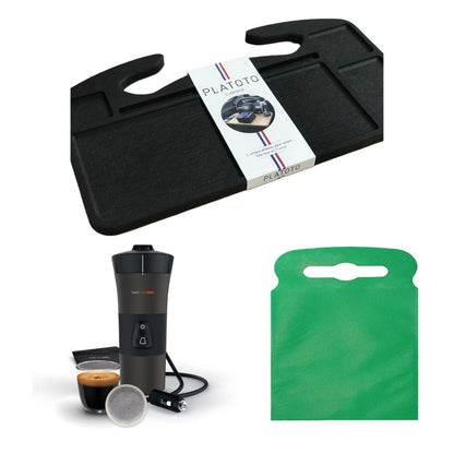 Kit nomade business de luxe- présenté avec le plateau bois noir, la machine à café dans son entièreté et le sac poubelle de voiture vert taille L.