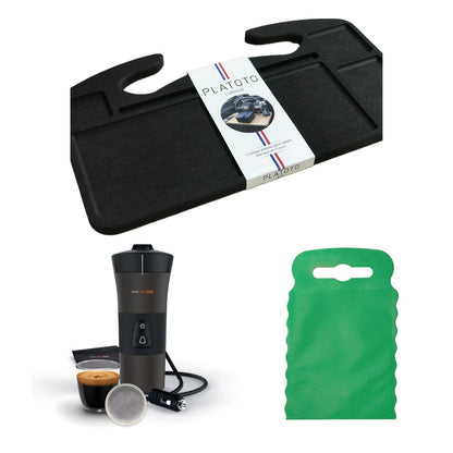 Kit nomade business de luxe- présenté avec le plateau bois noir, la machine à café dans son entièreté et le sac poubelle de voiture vert taille S.