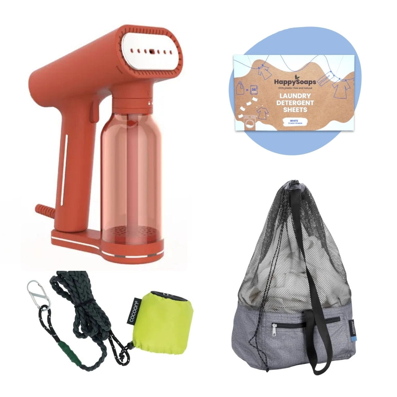 Photo des produits qui composent le pack le linge en voyage, comprenant le défroisseur portatif couleur rouille, les feuilles de lessive écologiques pour linge blanc, la corde à linge de voyage et le sac de plage/sac de linge de voyage.