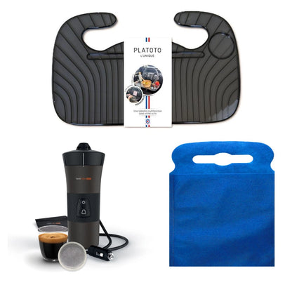 Kit nomade business - présenté avec le plateau transparent noir, la machine à café vue dans son ensemble et le sac poubelle de voiture bleu taille L.