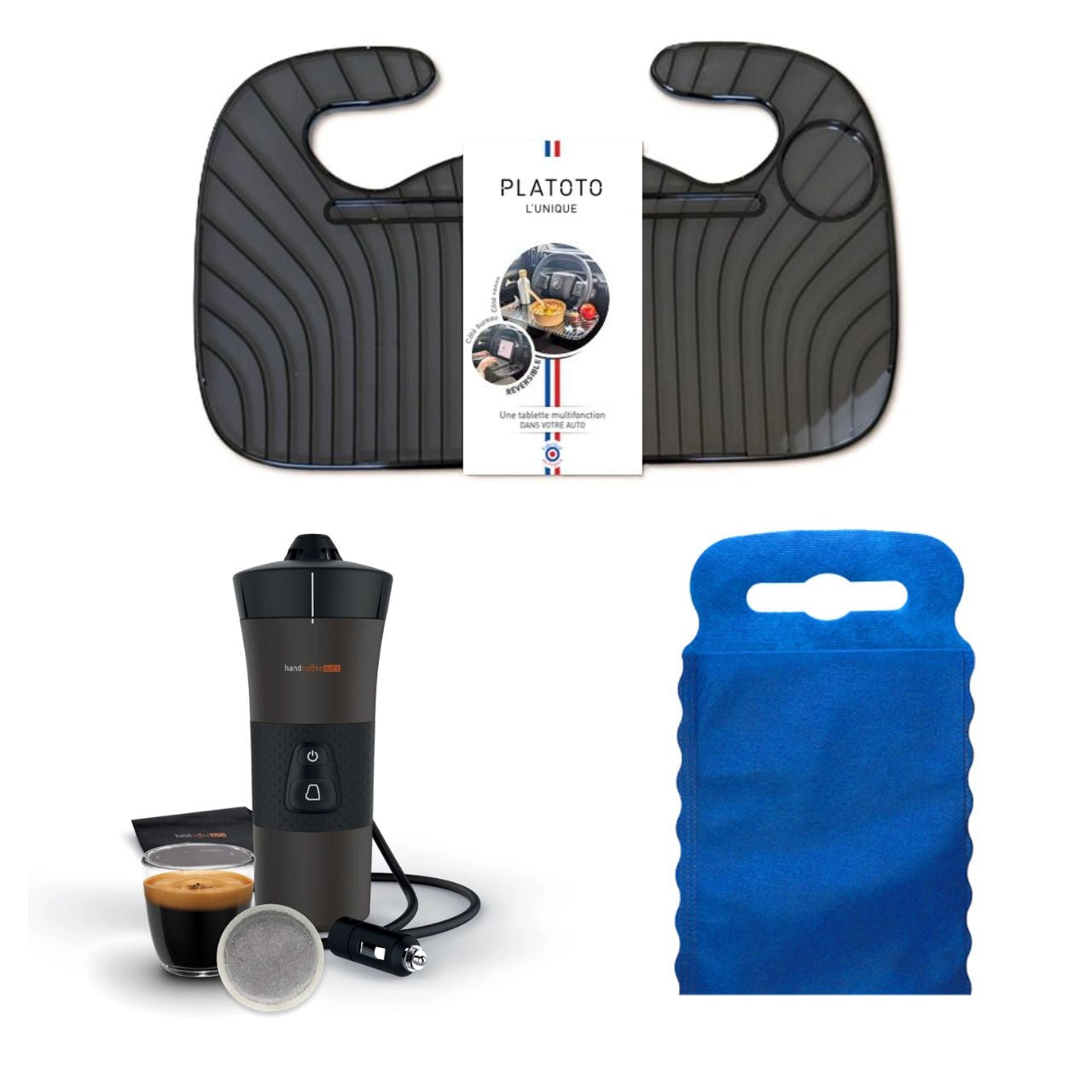 Kit nomade business - présenté avec le plateau transparent noir, la machine à café vue dans son ensemble et le sac poubelle de voiture bleu taille S.