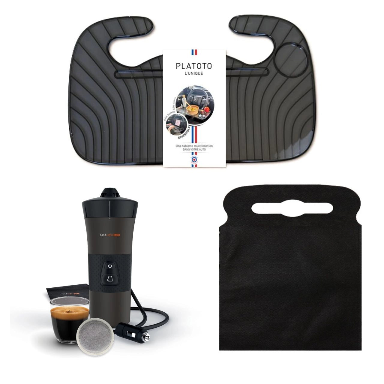 Kit nomade business - présenté avec le plateau transparent noir, la machine à café vue dans son ensemble et le sac poubelle de voiture noir taille L.