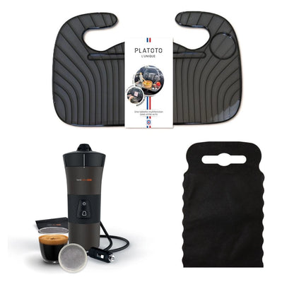 Kit nomade business - présenté avec le plateau transparent noir, la machine à café vue dans son ensemble et le sac poubelle de voiture noir taille S.