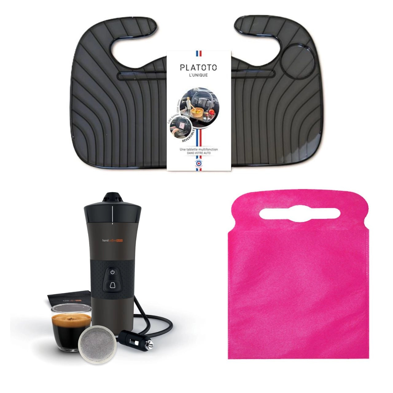 Kit nomade business - présenté avec le plateau transparent noir, la machine à café vue dans son ensemble et le sac poubelle de voiture rose taille L.