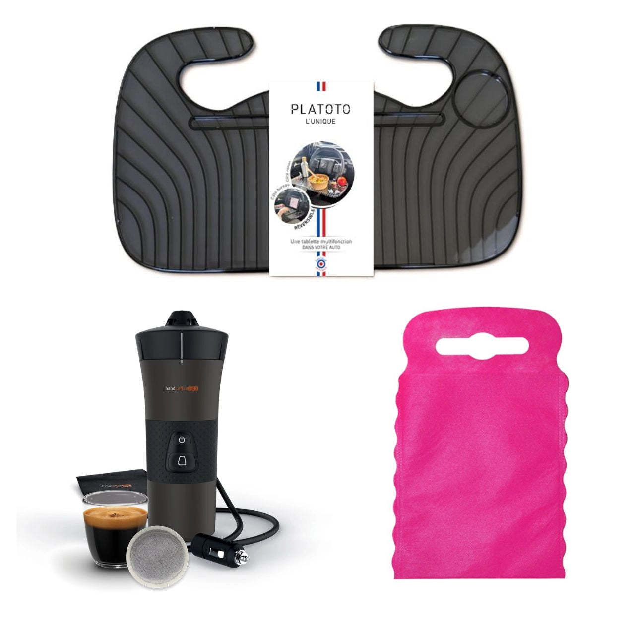 Kit nomade business - présenté avec le plateau transparent noir, la machine à café vue dans son ensemble et le sac poubelle de voiture rose taille S.