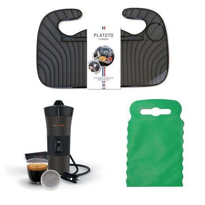 Kit nomade business - présenté avec le plateau transparent noir, la machine à café vue dans son ensemble et le sac poubelle de voiture vert taille S.