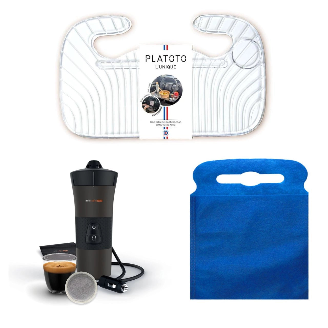 Kit nomade business - présenté avec le plateau transparent, la machine à café vue dans son ensemble et le sac poubelle de voiture bleu taille L.