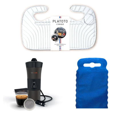 Kit nomade business - présenté avec le plateau transparent, la machine à café vue dans son ensemble et le sac poubelle de voiture bleu taille S.